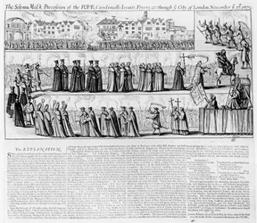 La solemne procesión burlesca del Papa, Cardenales, Jesuitas y Frailes por la ciudad de Londres en el 